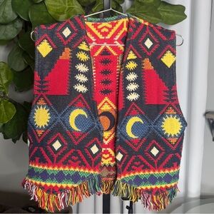 Vintage Celestial Geometric Patterned Vest Fringe Boho Western Knit Cowgirl EUC